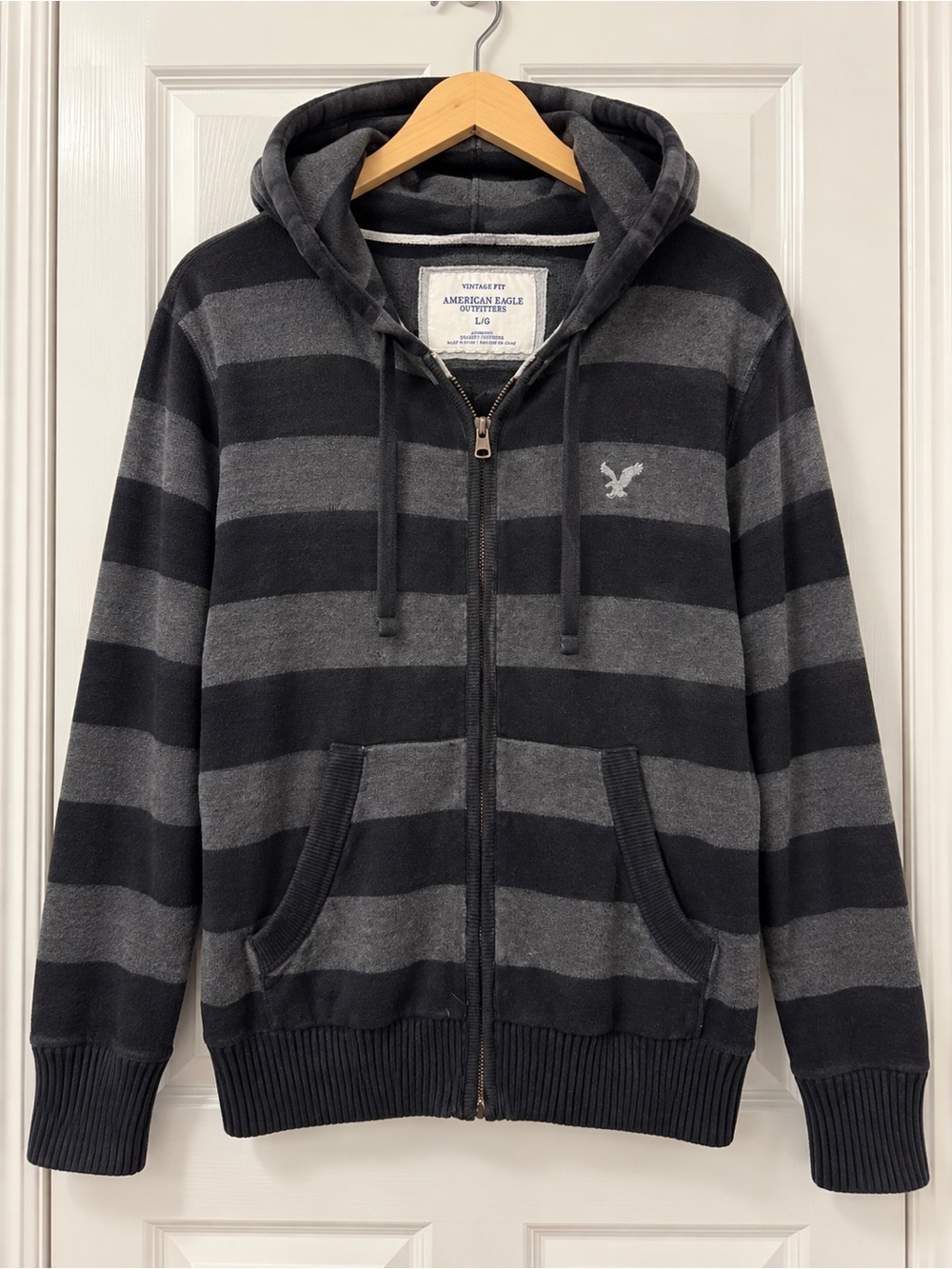 American Eagle Outfitters Men’s Black & Gray Striped Zip Hoodie